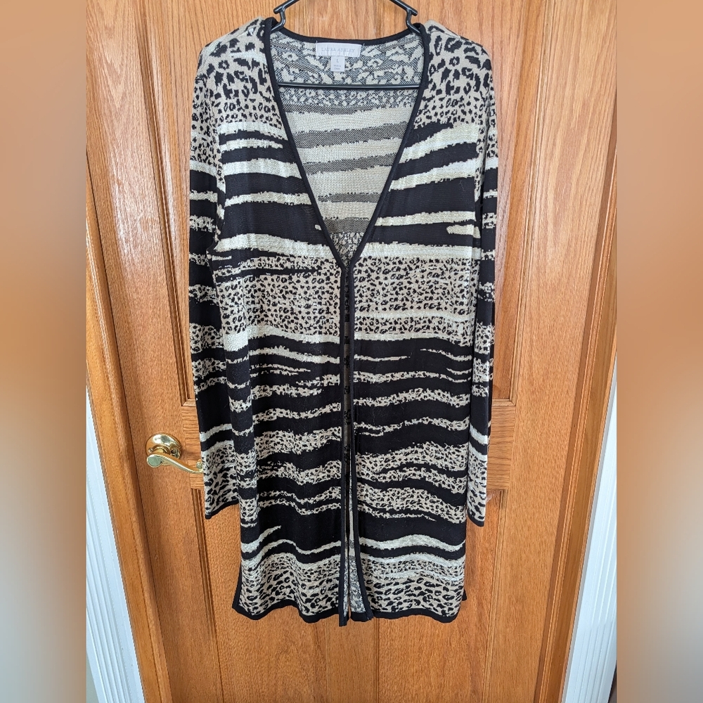Laura Ashley Size L Black and Cream Animal Print Long Cardigan Sweater/Coat